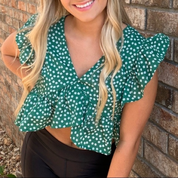 Floral V Neck Peplum Crop Top Green Size Small - Picture 7 of 11